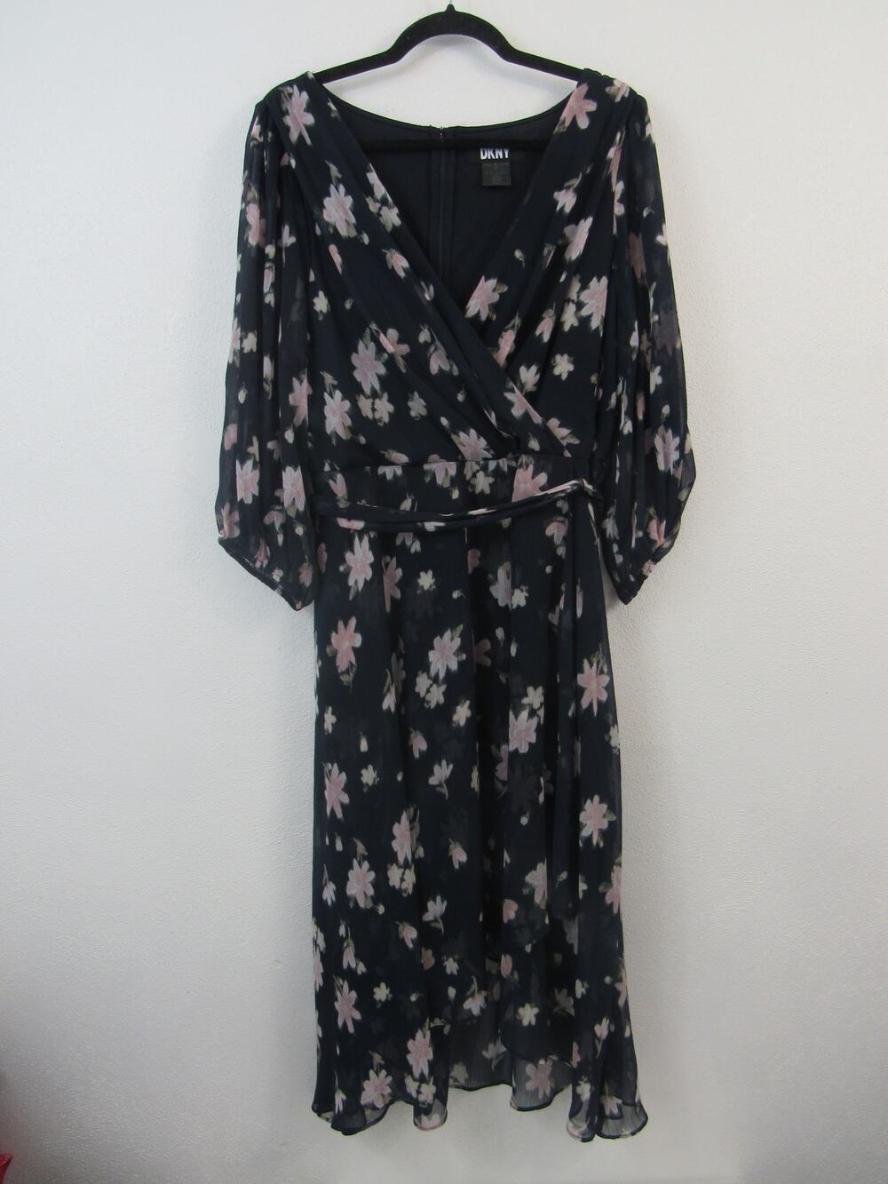DKNY Size 16 Floral Faux Wrap Dress Black Light Pink Belt Sheer Flowy Flirty
